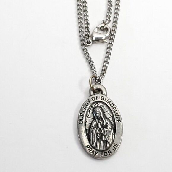 Our Lady Of Guadalupe Pendant Necklace Pray For Us Religious Charm Silvertone - Picture 3 of 3